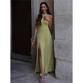 Chic Green Halter Dress - Elegant Backless Sleeveless A-line Women's Party Prom Vestidos with Side Split